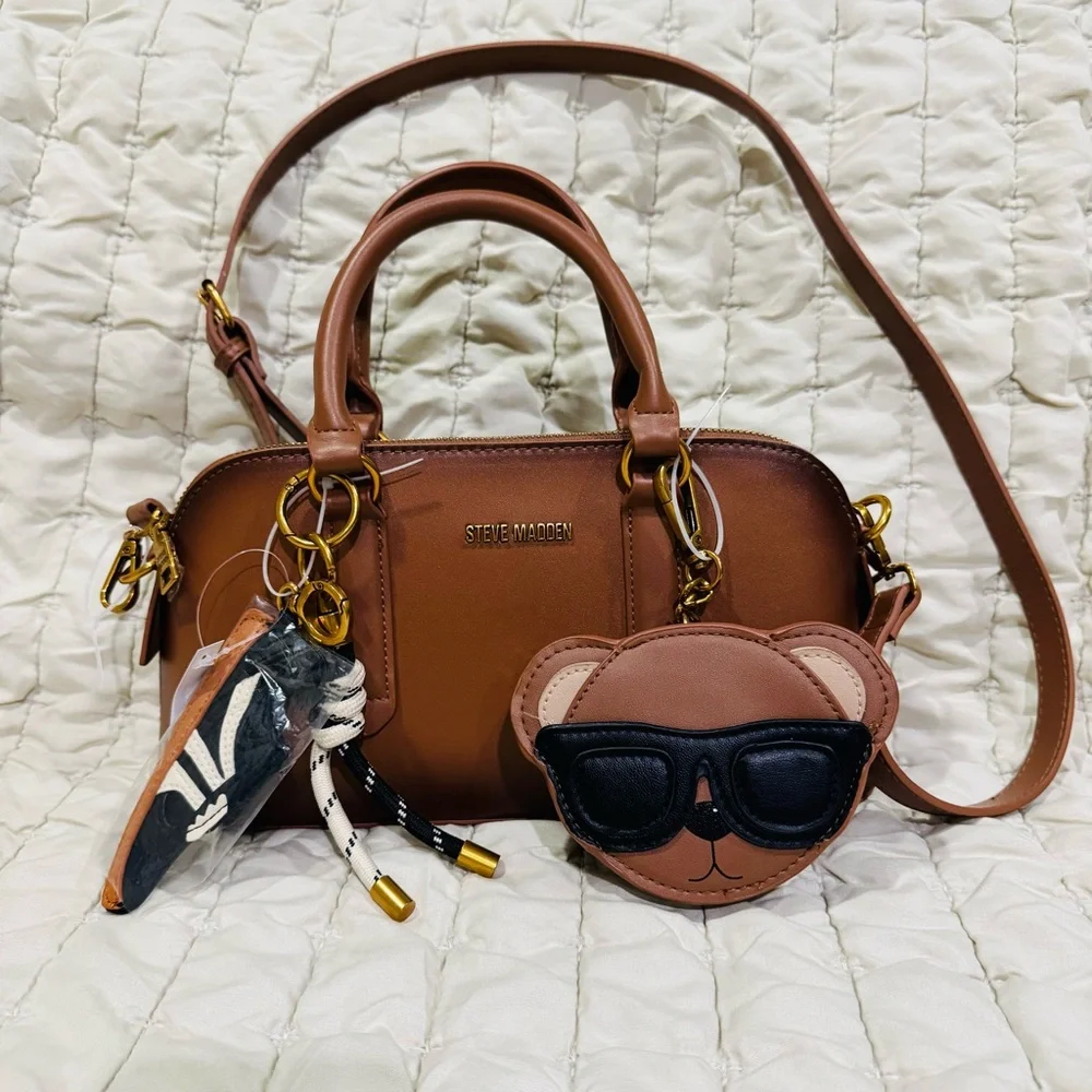 Steve Madden Brown Bthorne Nutshell with Teddy Bear Charms Crossbody Satchel Bag